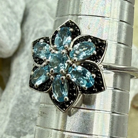 NWT Santa Maria Aquamarine & Black Spinel Daisy Ring Sz 10 Platinum 925 1.25ctw - Picture 14 of 17